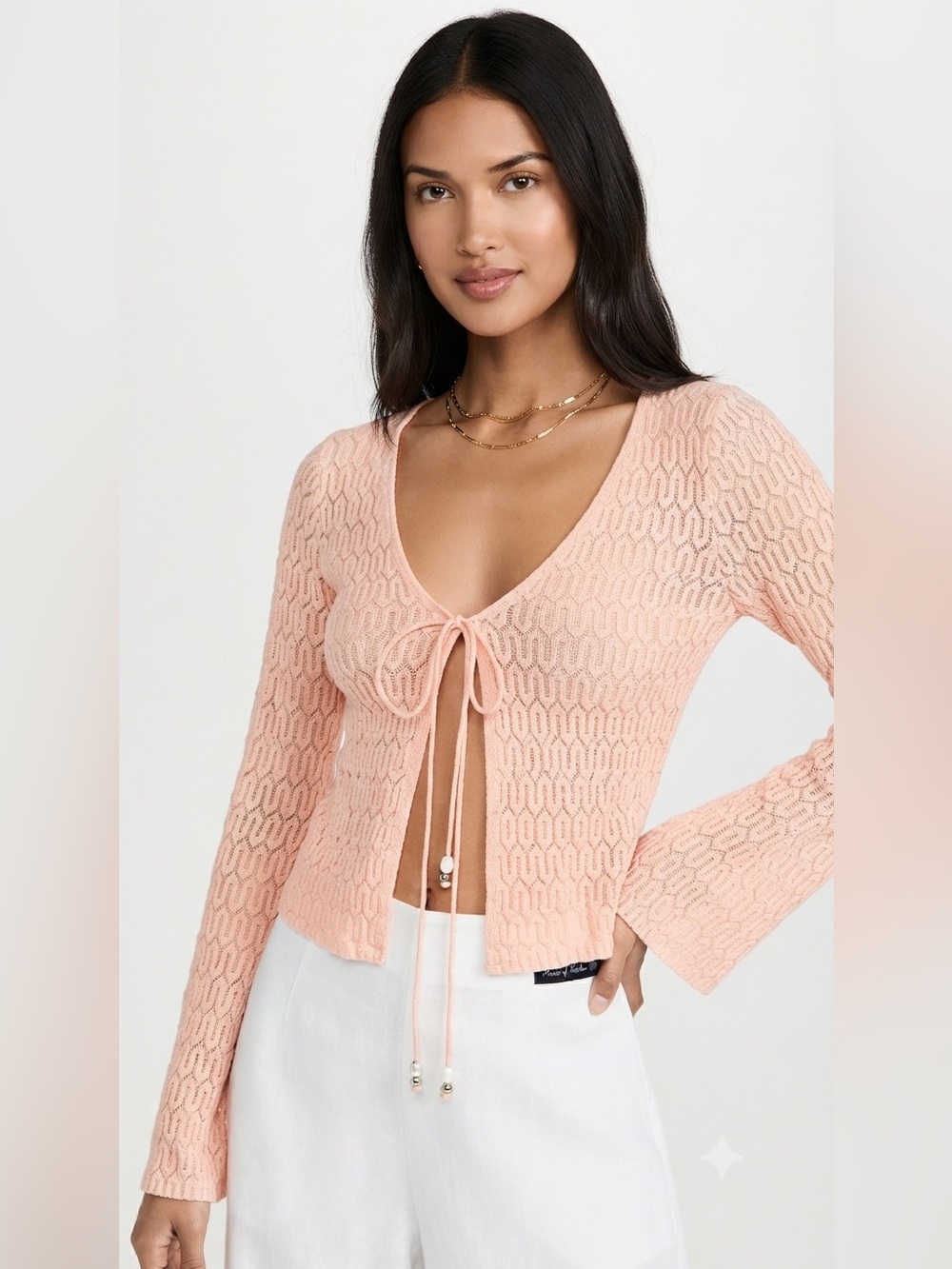 House of Harlow 1960 Peach Pink Chevron Knit Tie-Front Top Long Flare Sleeve M